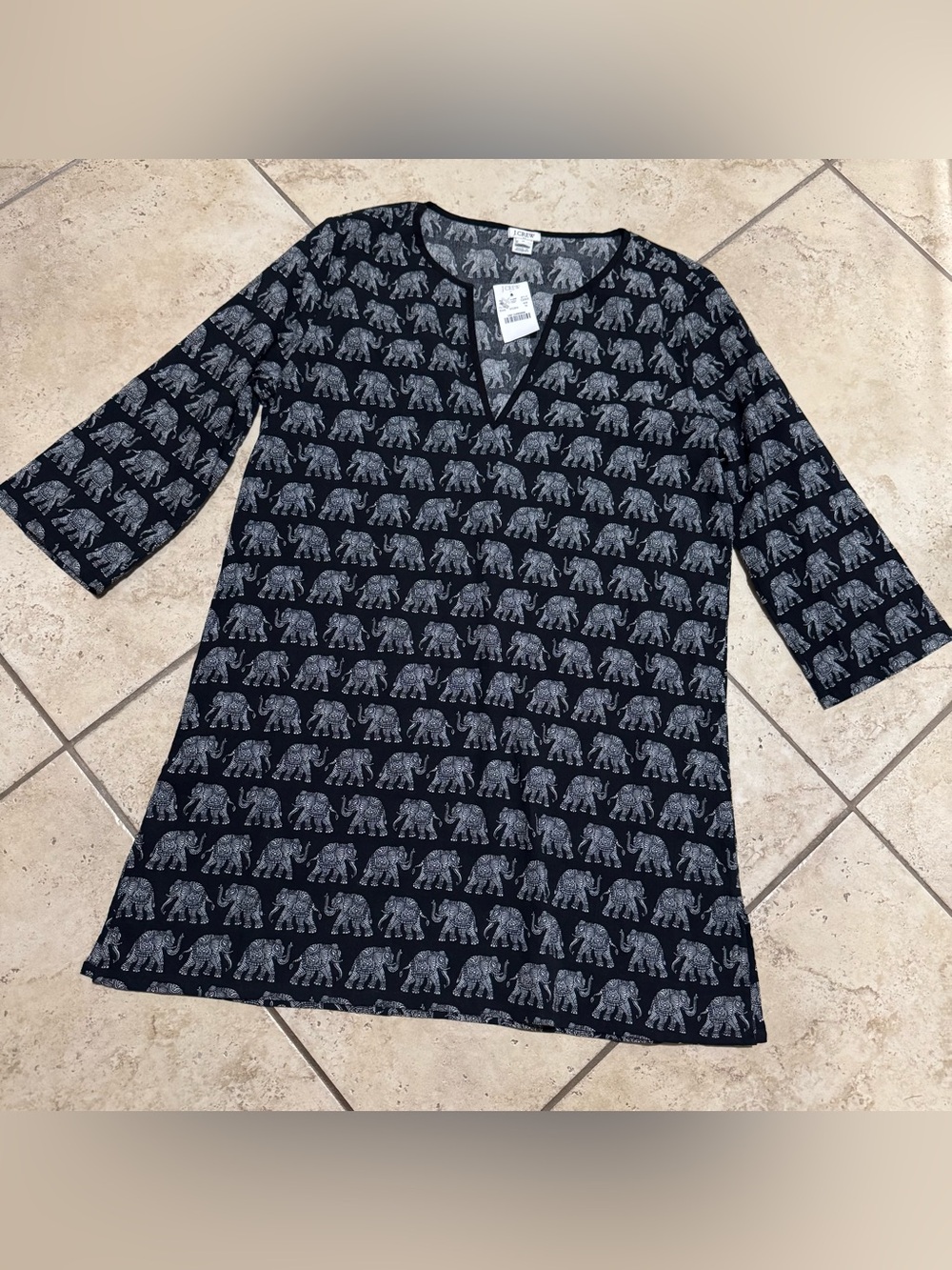 J. Crew Black Tissue Tunic with White Elephant Pattern